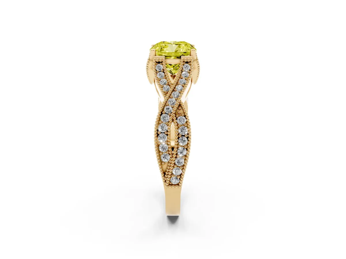 Fancy Yellow Cushion Cut Cut Diamond Twisted Band with Milgrain Pave Setting and Four-Prong Setting Yellow gold