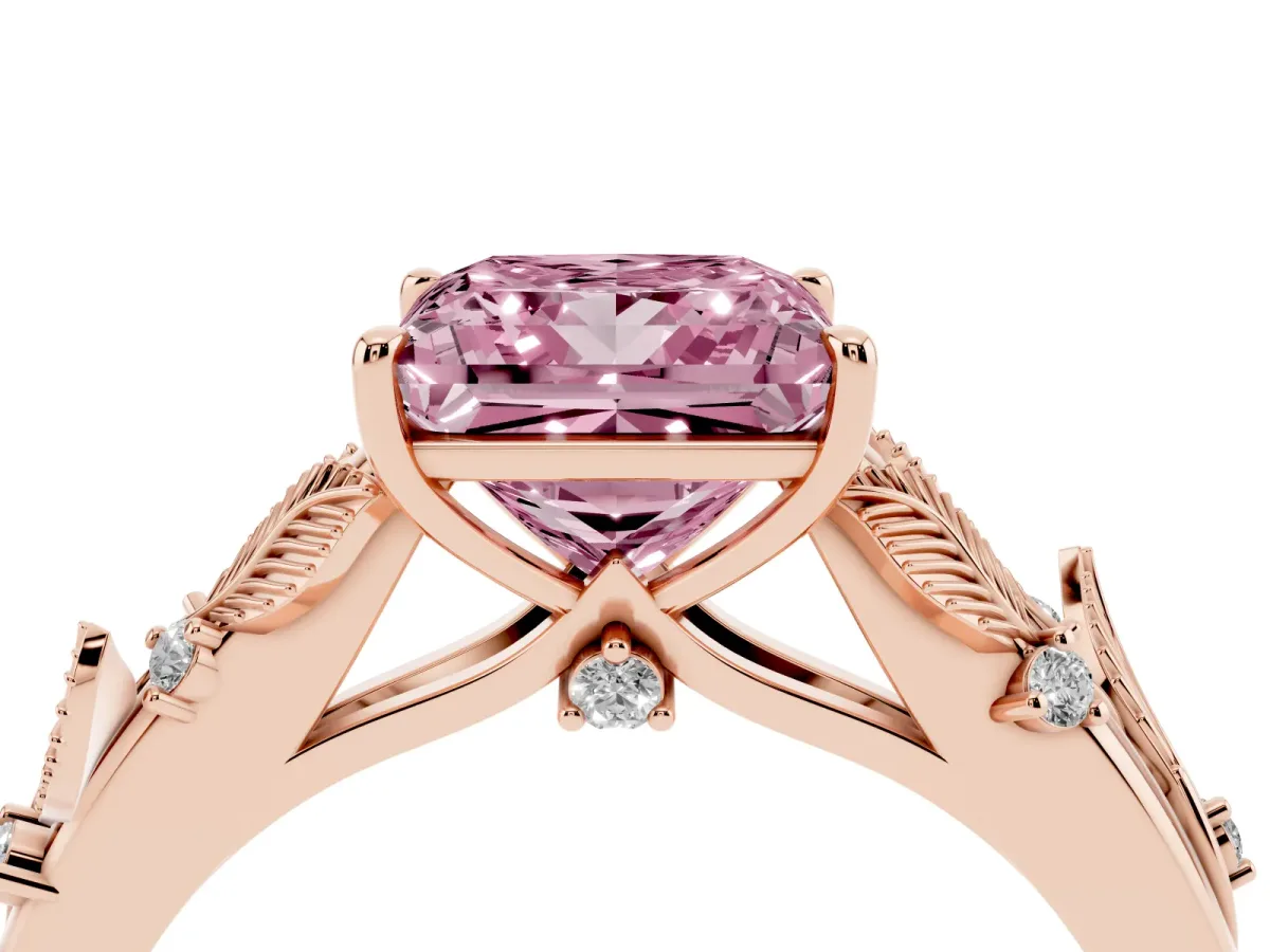 Fancy Pink Princess Cut Diamond Solitaire Ring with Leaf Motif Band and Four-Prong Setting Rose gold