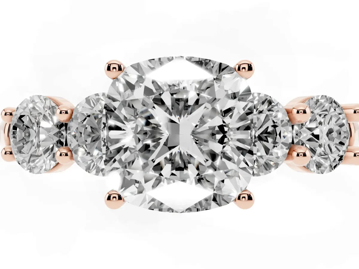 Cushion Cut Cut Five-Stone Prong Set Diamond Ring with Classic Band Rose gold