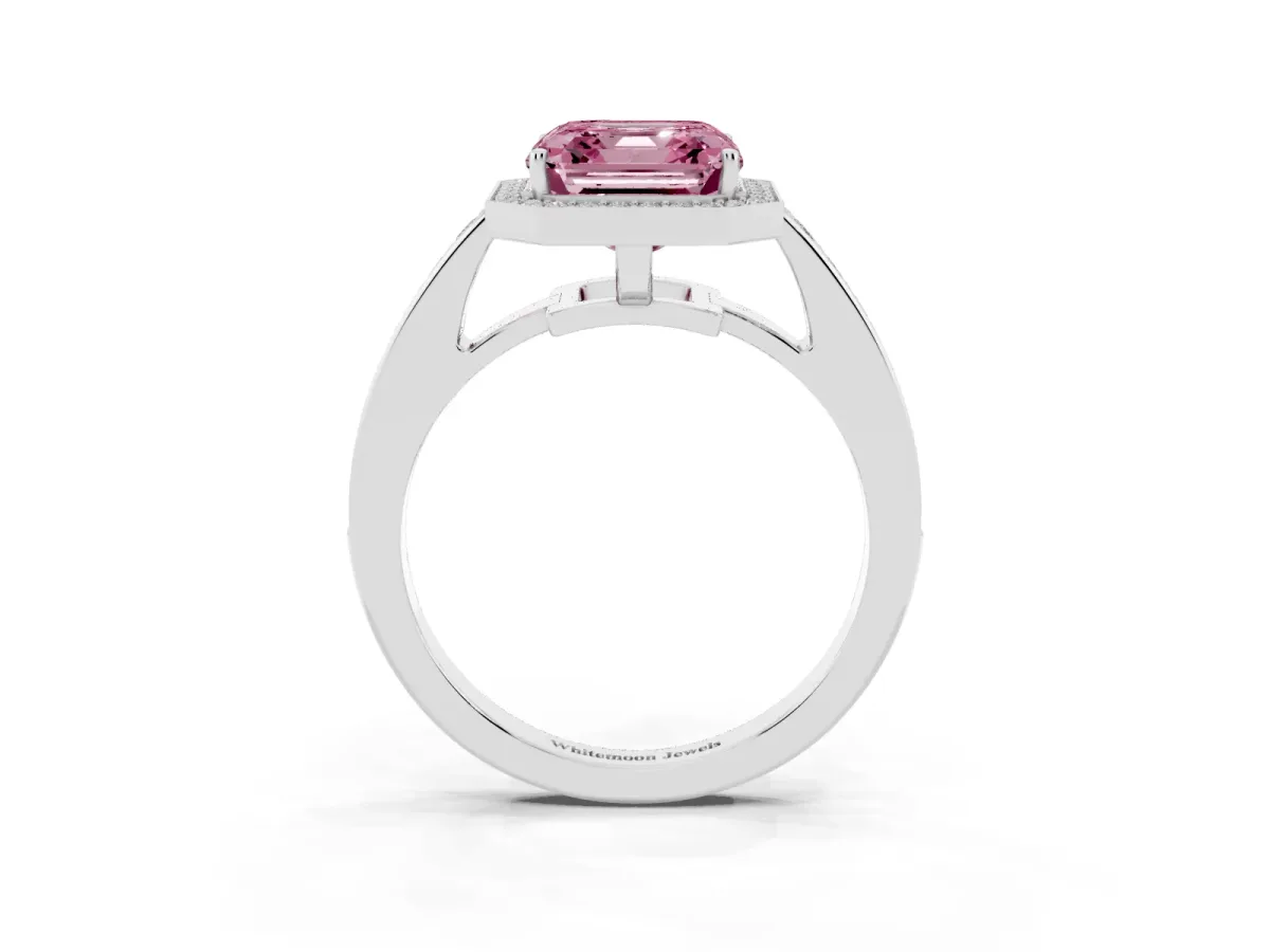 Fancy Pink Asscher Cut Halo Pavé Diamond Engagement Ring with Bezel Setting Platinum