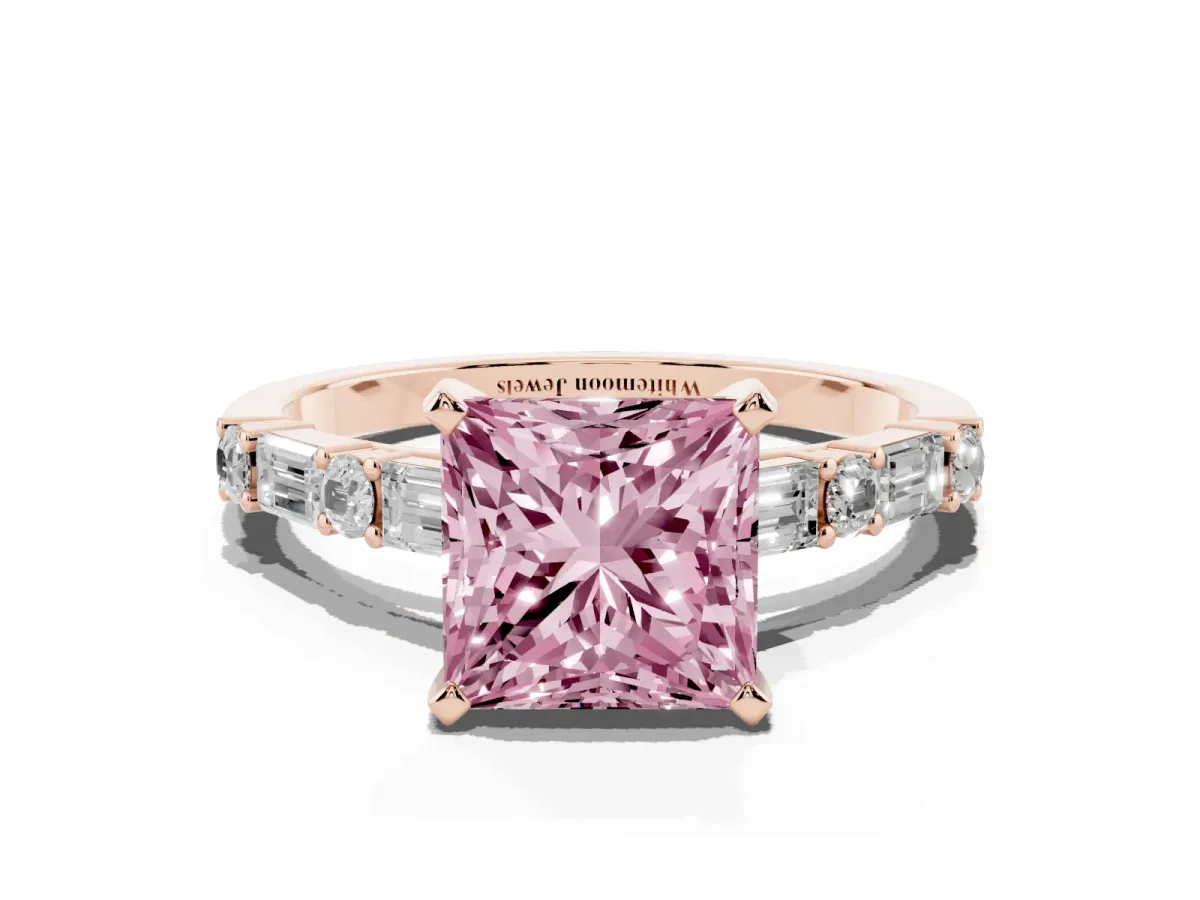 Fancy Pink Princess Cut Diamond Solitaire with Side Baguettes and Channel Set Band Rose gold