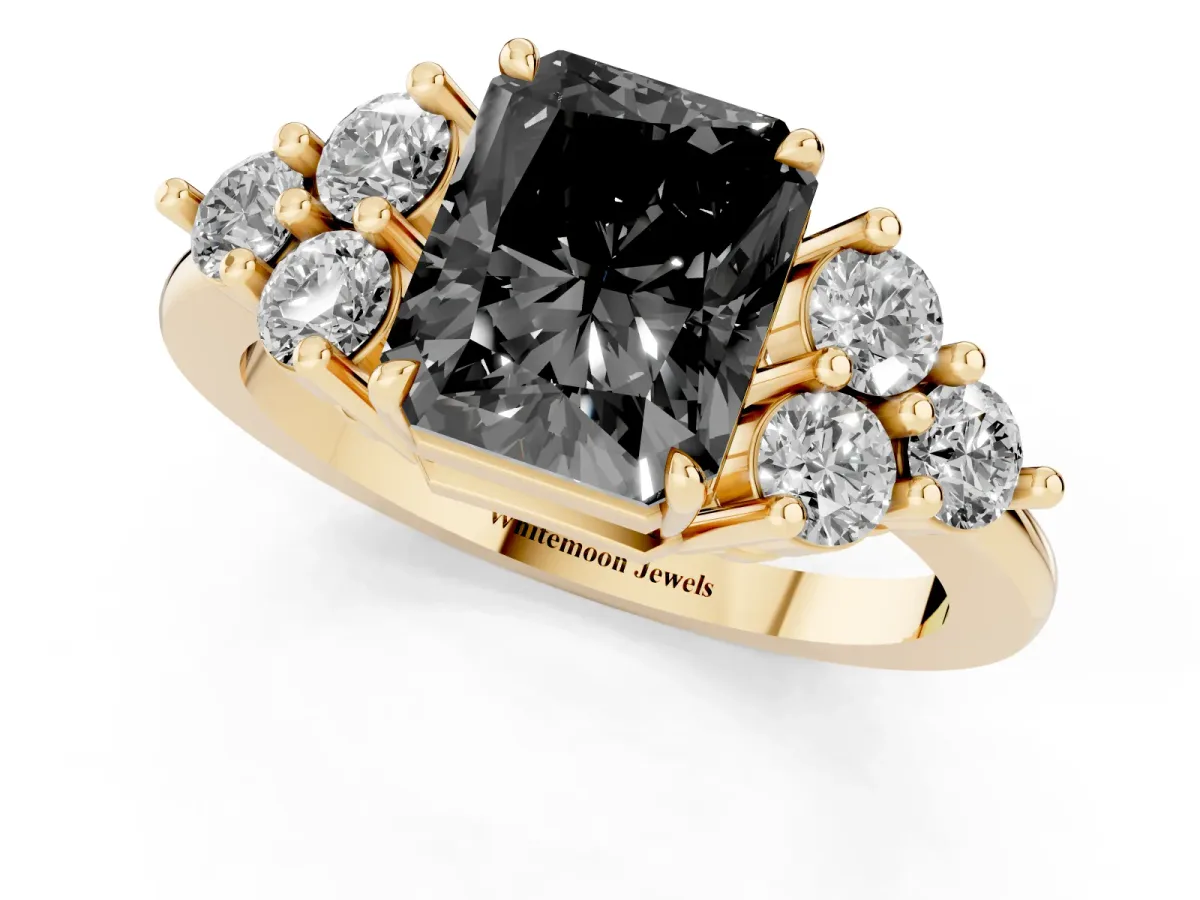 Fancy Black Radiant Cut Brilliant Diamond Cluster Accent Solitaire Ring with Prong Setting Yellow gold