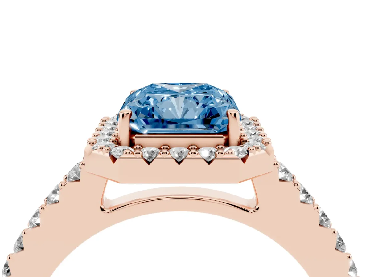 Fancy Blue Radiant Cut Halo Diamond Pavé Solitaire Ring Rose gold