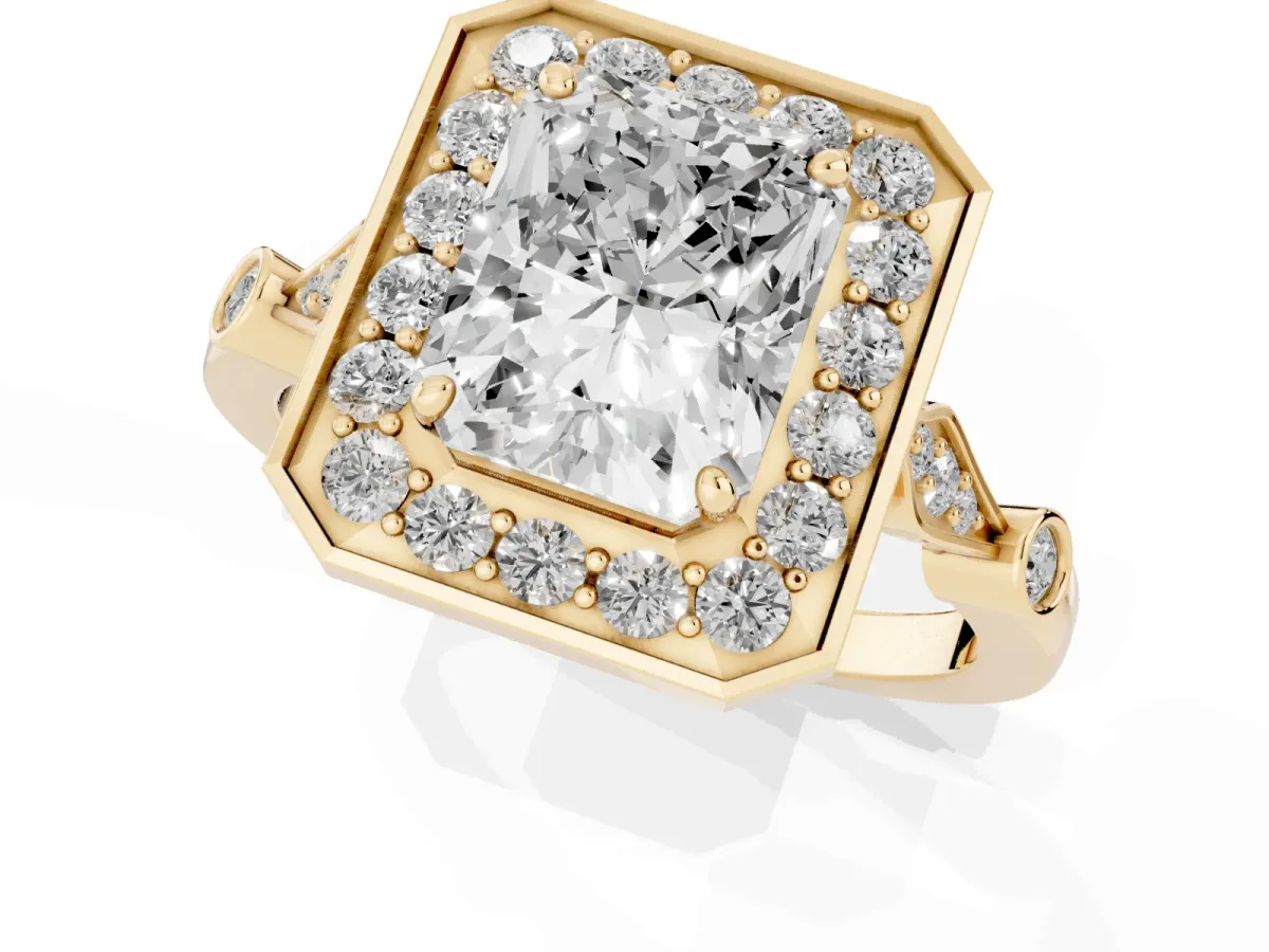 Radiant Cut Halo Diamond Engagement Ring with Twisted Band and Four-Prong Setting Yellow gold