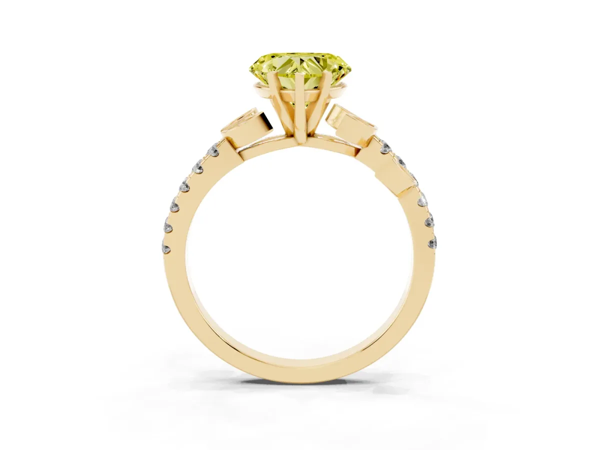 Fancy Yellow Heart Cut Solitaire Leaf-Inspired Diamond Ring with Pavé Band and Four-Prong Setting Yellow gold