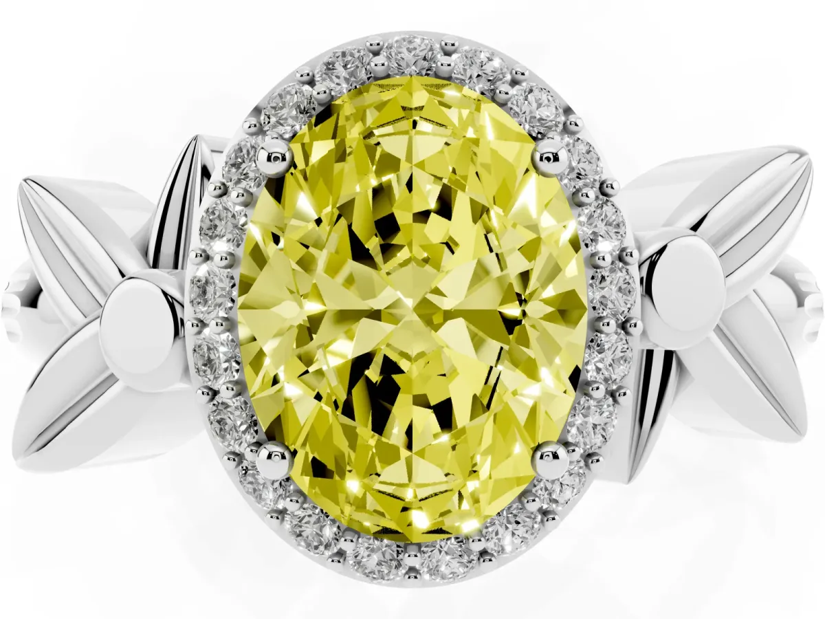 Fancy Yellow Oval Cut Halo Diamond Floral Band with Four-Prong Setting Silver