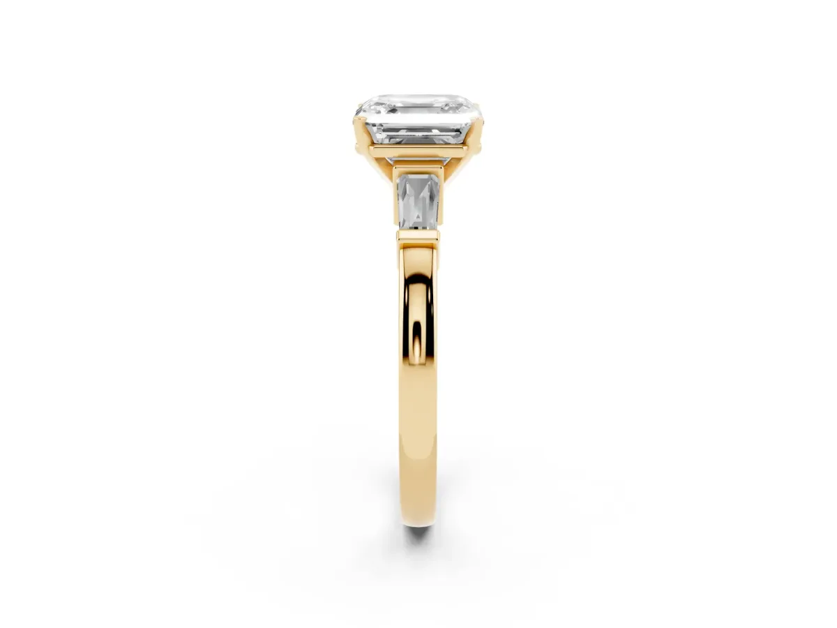 Asscher Cut Cut Diamond Solitaire Ring with Tapered Baguette Accents and Four-Prong Setting Yellow gold