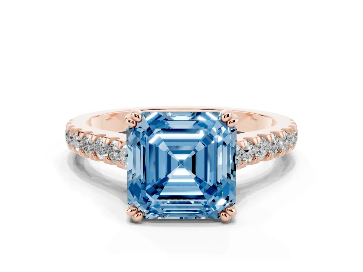 Fancy Blue Asscher Cut Solitaire Pave Diamond Engagement Ring with Prong Setting Rose gold