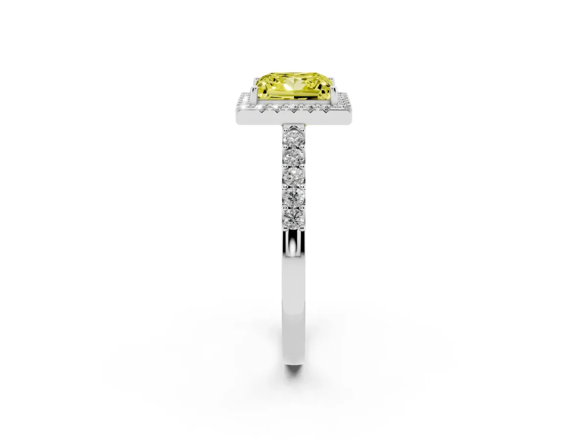 Fancy Yellow Princess Cut Halo Diamond Pavé Solitaire Ring Platinum