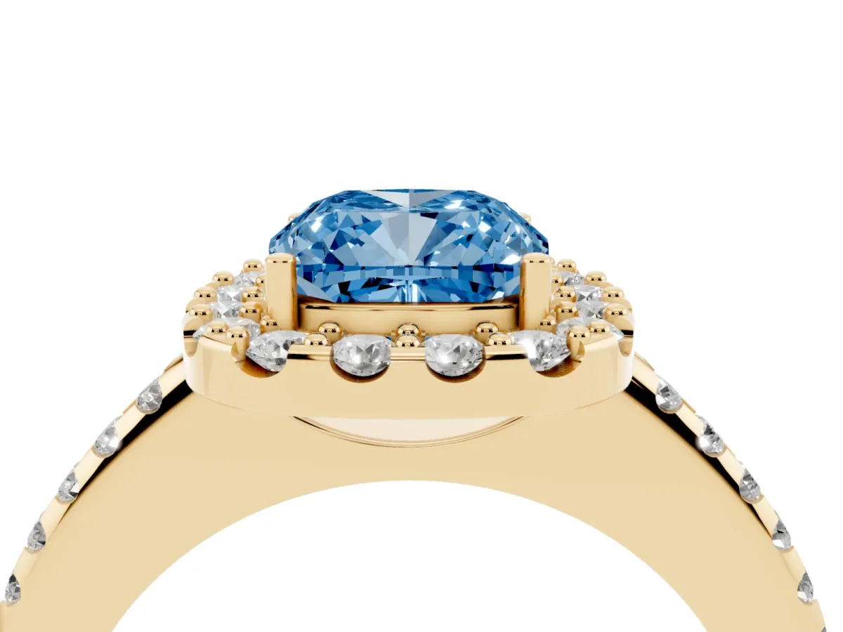 Fancy Blue Cushion Cut Diamond Pavé Halo Ring with Four-Prong Setting Yellow gold