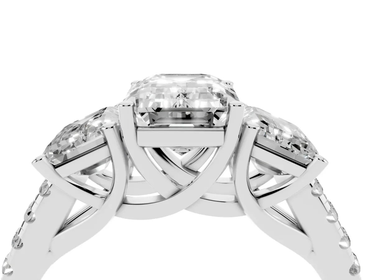 Three-Stone Emerald Cut Diamond Ring with Round Pavé Band and Prong Setting Silver