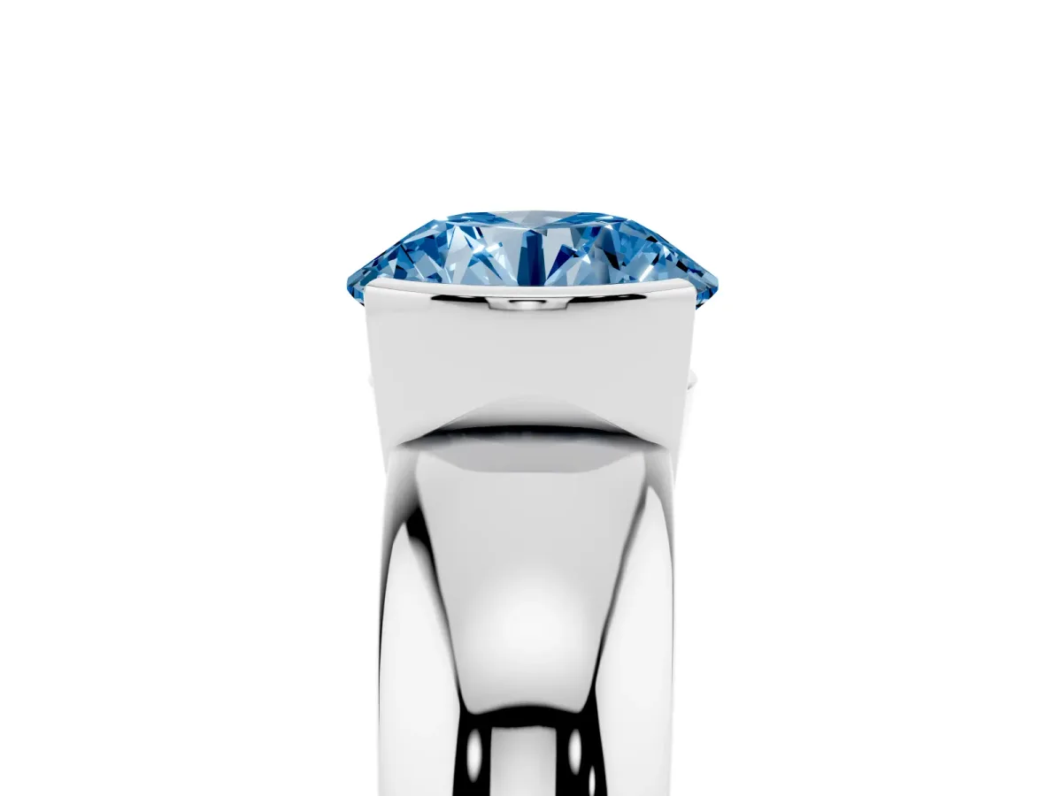 Fancy Blue Round Cut Solitaire Tension Set Diamond Ring with Wide Band Silver