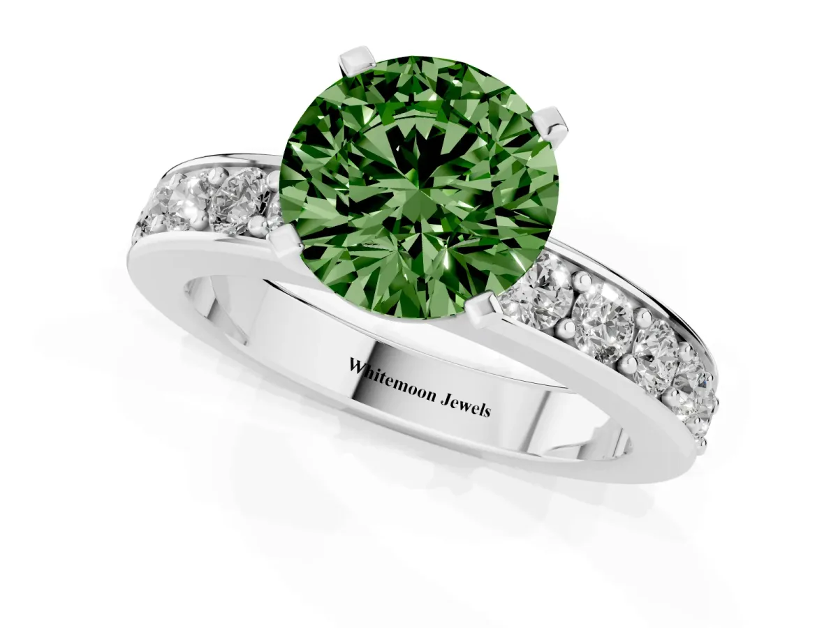 Fancy Green Round Cut Diamond Engagement Ring with Channel Set Round Band and Prong Setting Silver