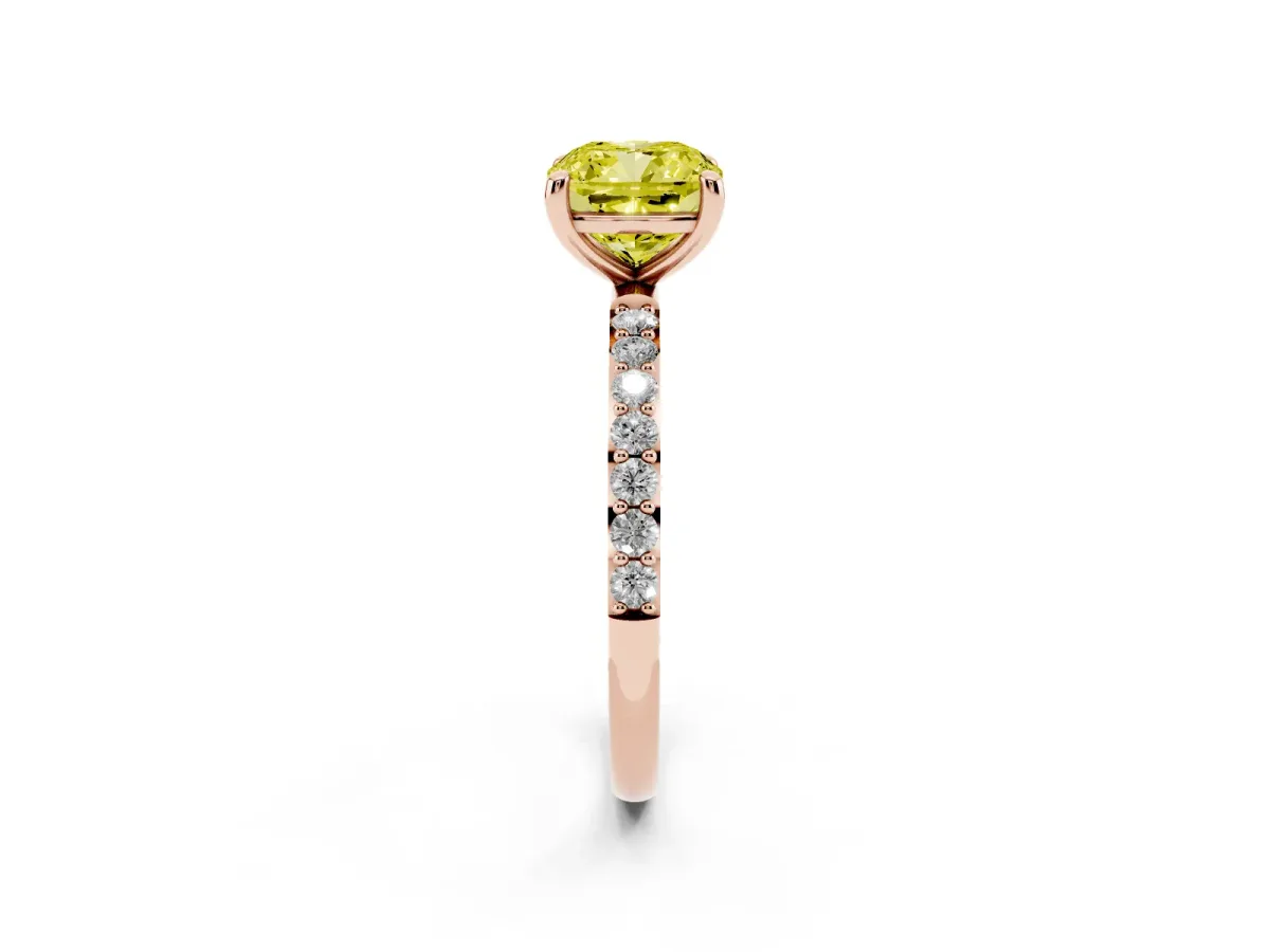 Fancy Yellow Cushion Cut Diamond Solitaire Ring with Round Pavé Band and Prong Setting Rose gold