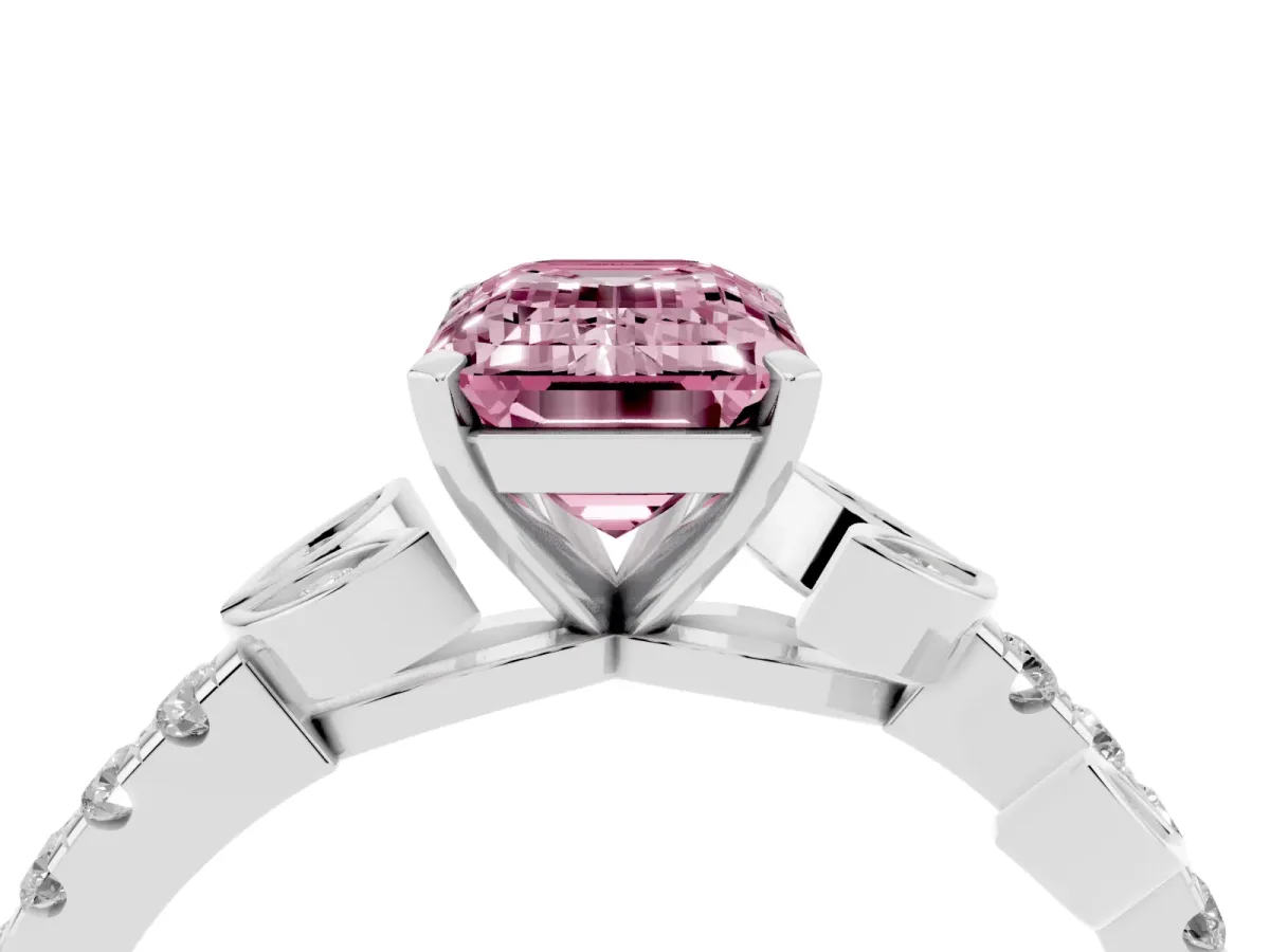 Fancy Pink Emerald Cut Solitaire Leaf-Inspired Diamond Ring with Pavé Band and Four-Prong Setting Silver