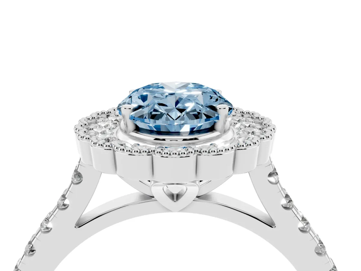 Fancy Blue Oval Cut Cut Diamond Milgrain Floral Halo Engagement Ring with Pavé Band White gold