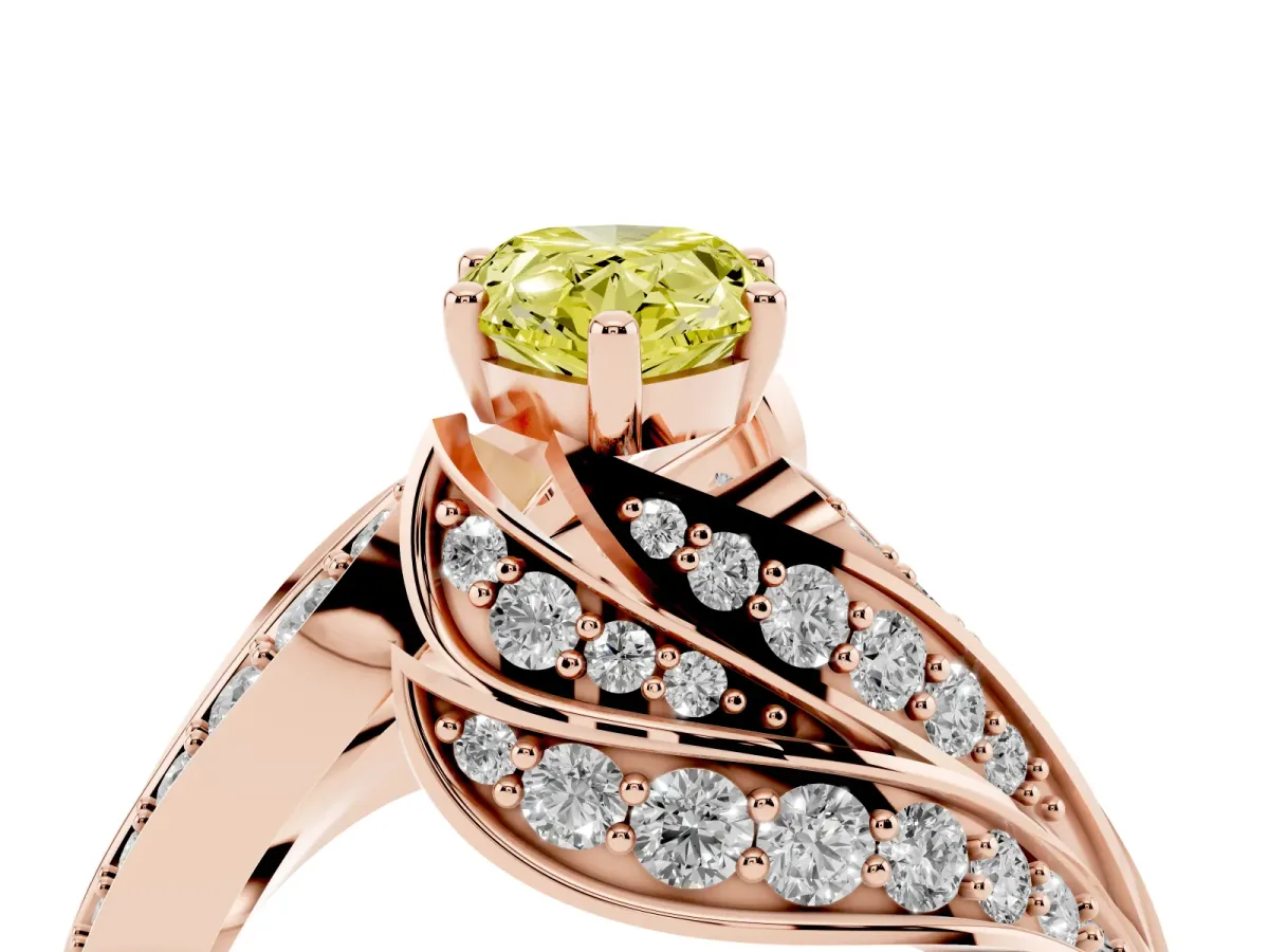 Fancy Yellow Pear Cut Diamond Solitaire Ring with Prong Setting and Twisted Pavé Band Rose gold