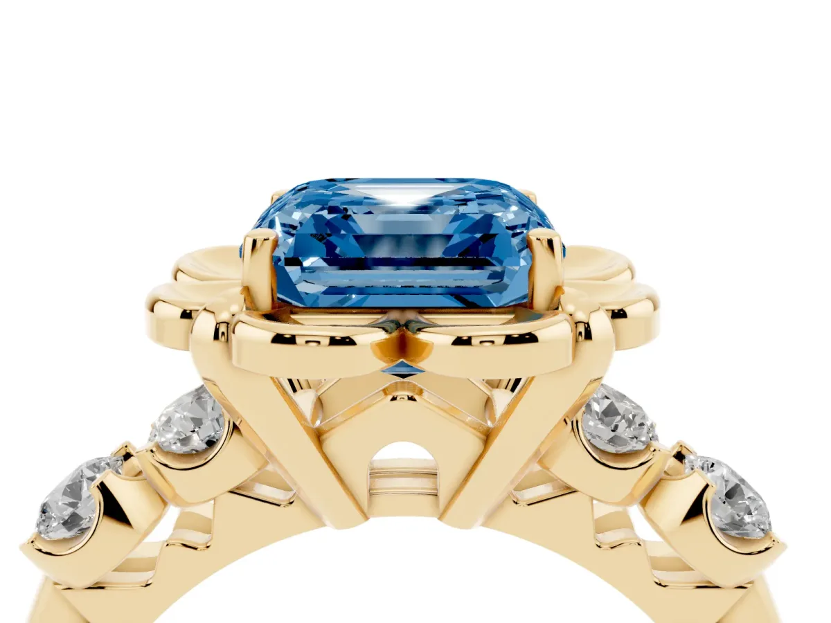 Fancy Blue Asscher Cut Cut Diamond Floral Halo Engagement Ring with Shared Prong Setting Yellow gold