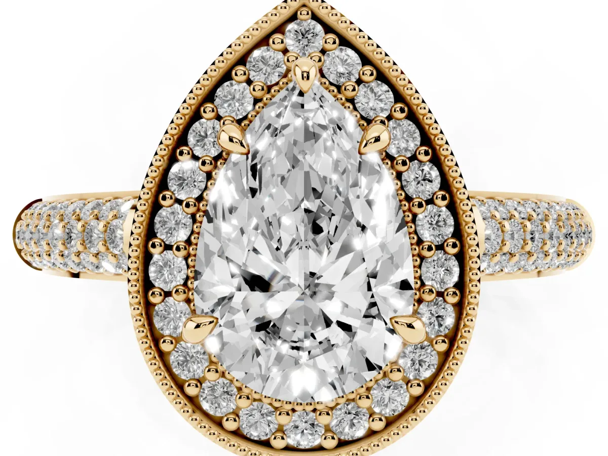 Pear Cut Cut Halo Diamond Pave Band with Four-Prong Setting Yellow gold