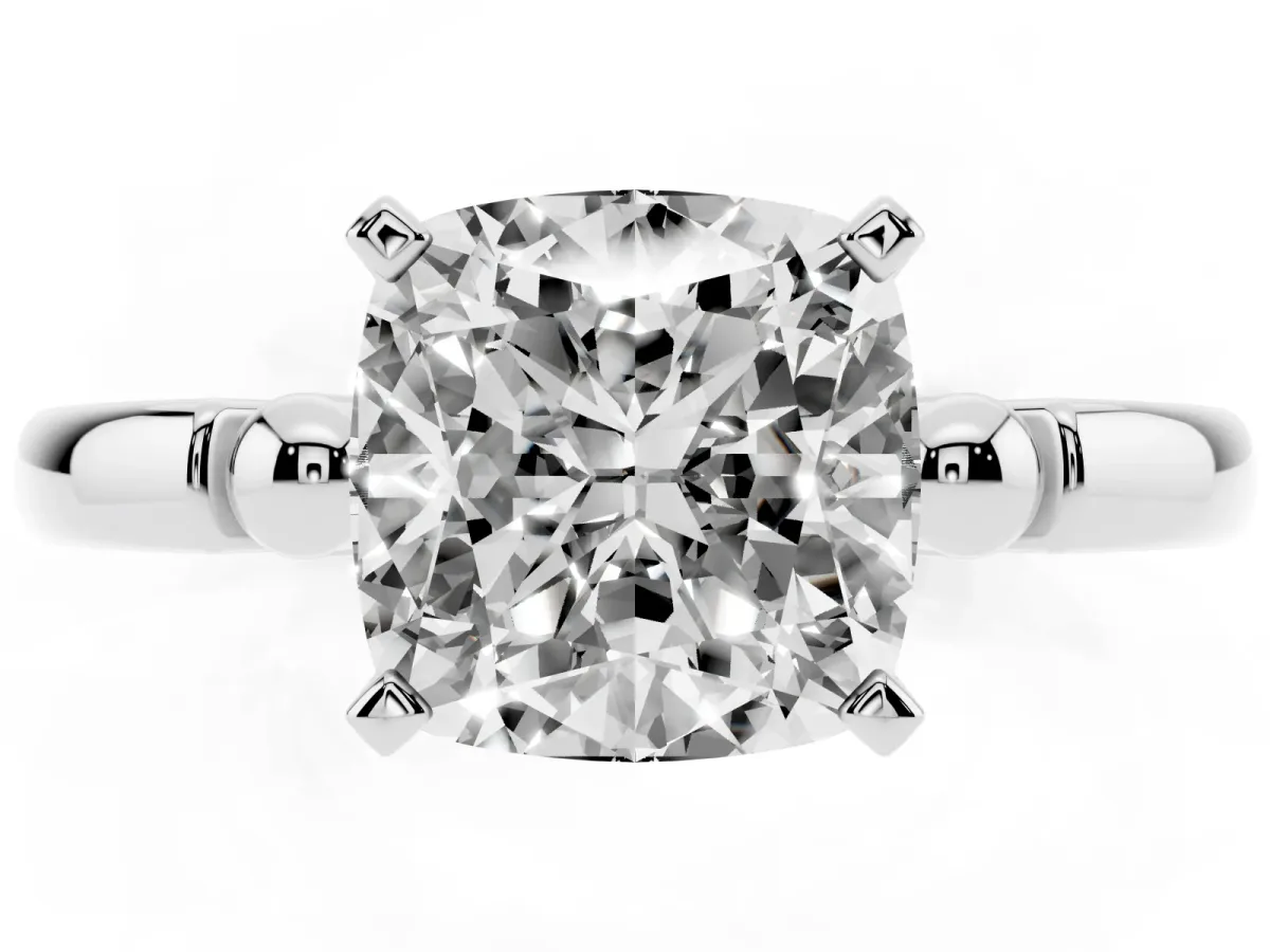 Cushion Cut Solitaire Beaded Band with Four-Prong Setting Silver