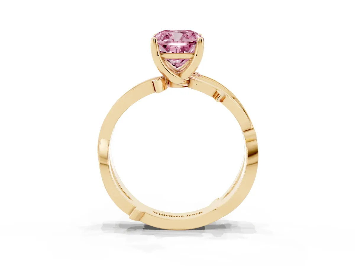 Fancy Pink Cushion Cut Solitaire Twist Band with Pavé Accents and Four-Prong Setting Yellow gold