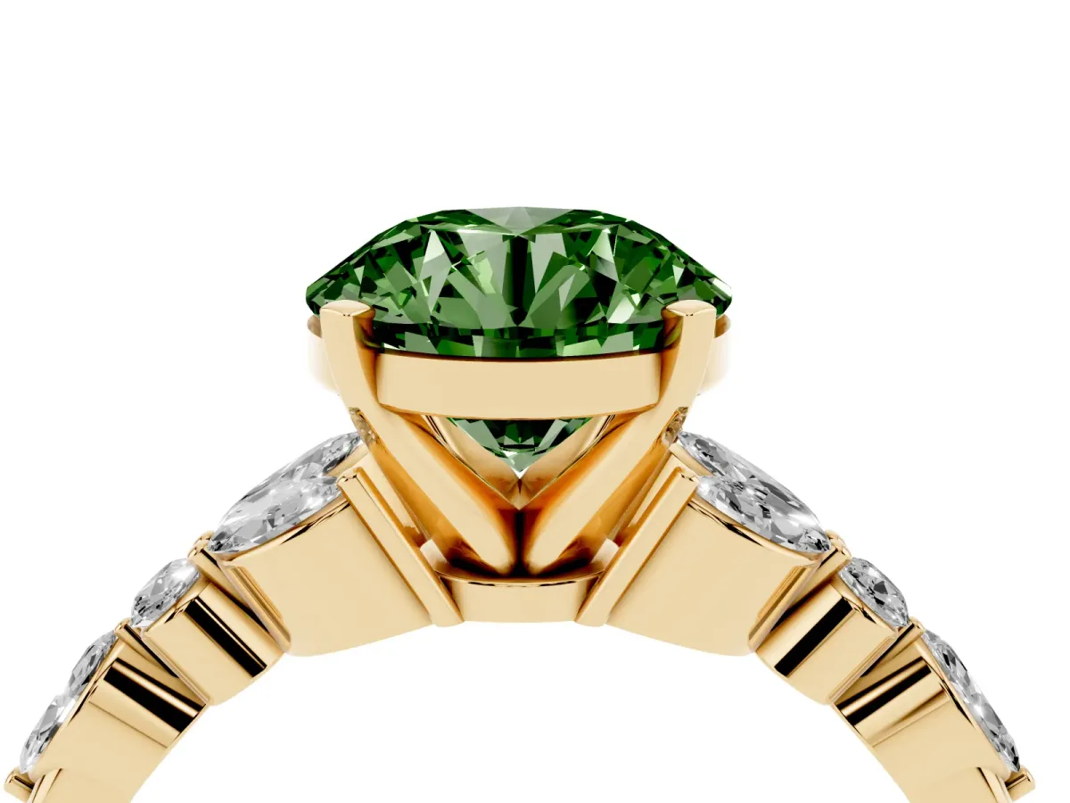Fancy Green Round Cut Diamond Solitaire Ring with Side Stones and Four-Prong Setting Yellow gold