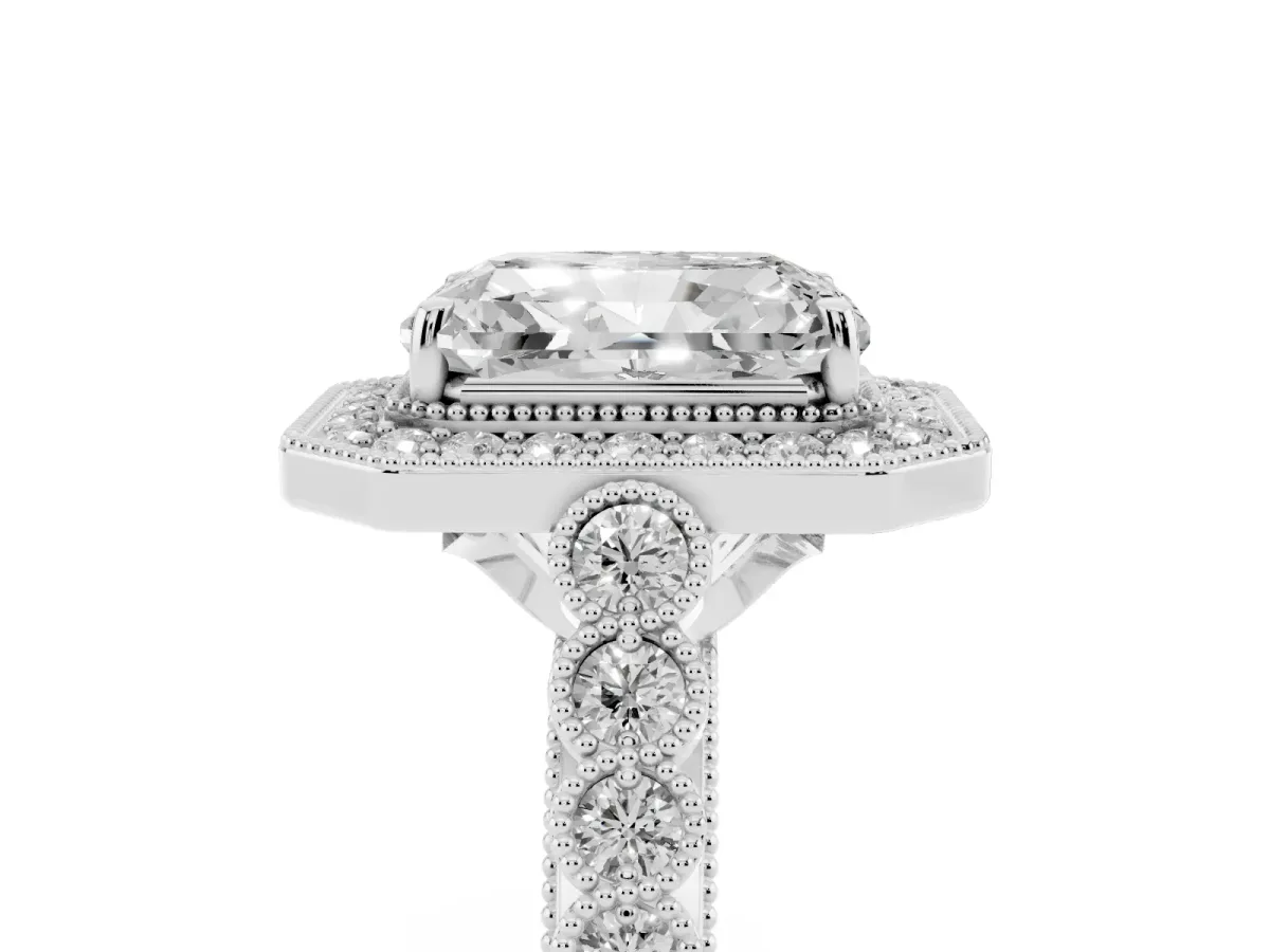 Radiant Cut Halo Milgrain Solitaire with Bezel Set Side Stones and Pave Band Platinum
