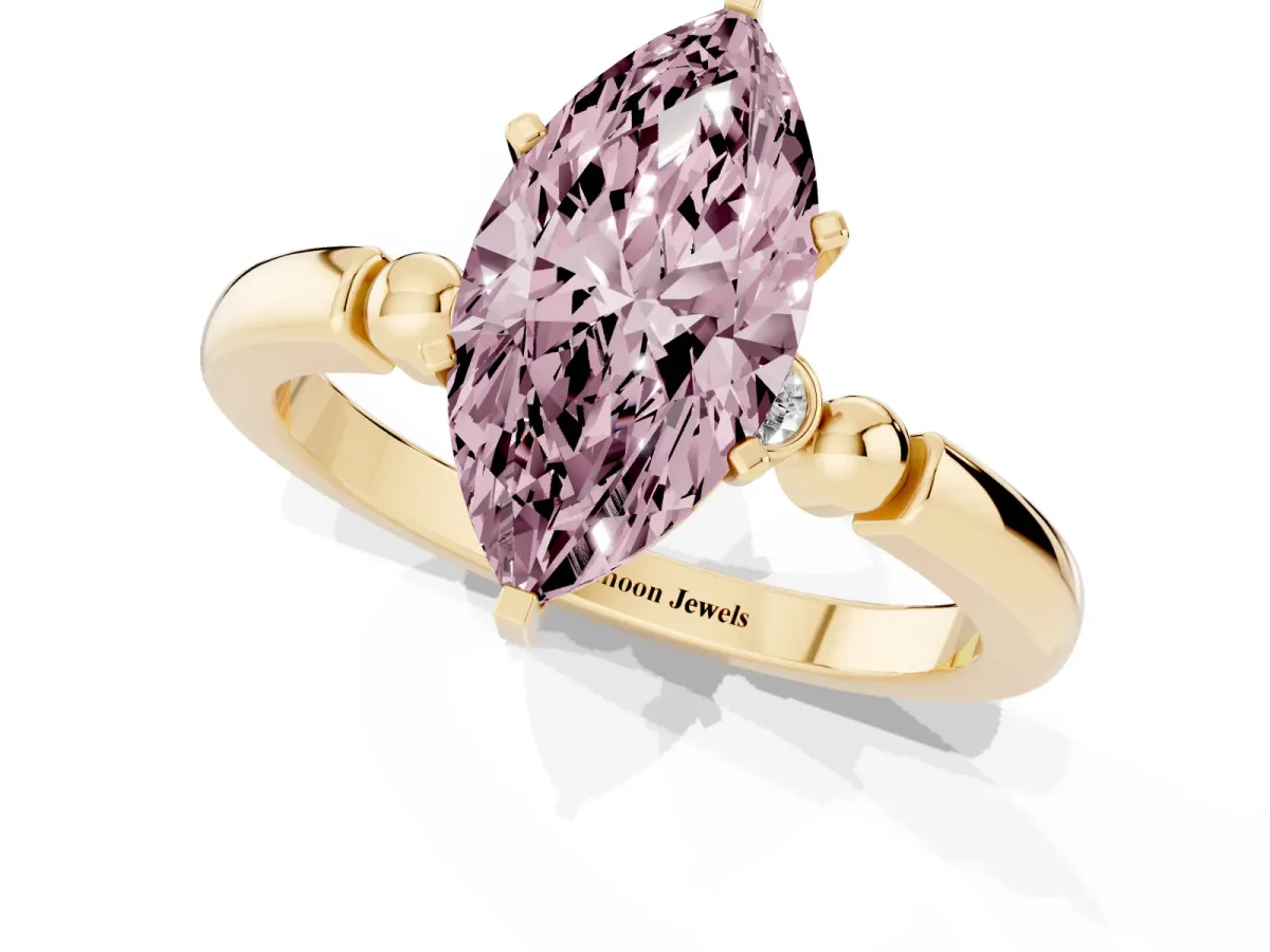 Fancy Pink Marquise Cut Solitaire Beaded Band with Four-Prong Setting Yellow gold