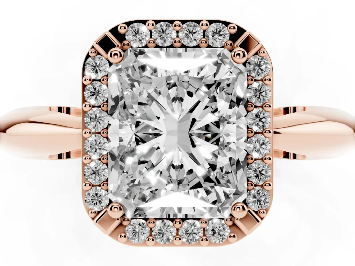 Radiant Cut Cut Diamond Halo Engagement Ring with Split Shank and Four-Prong Setting Rose gold