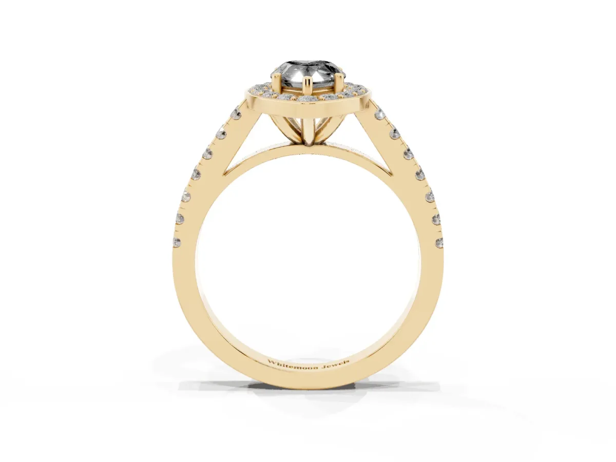 Fancy Black Pear Cut Diamond Halo Ring with Round Pavé Split Shank and Prong Setting Yellow gold