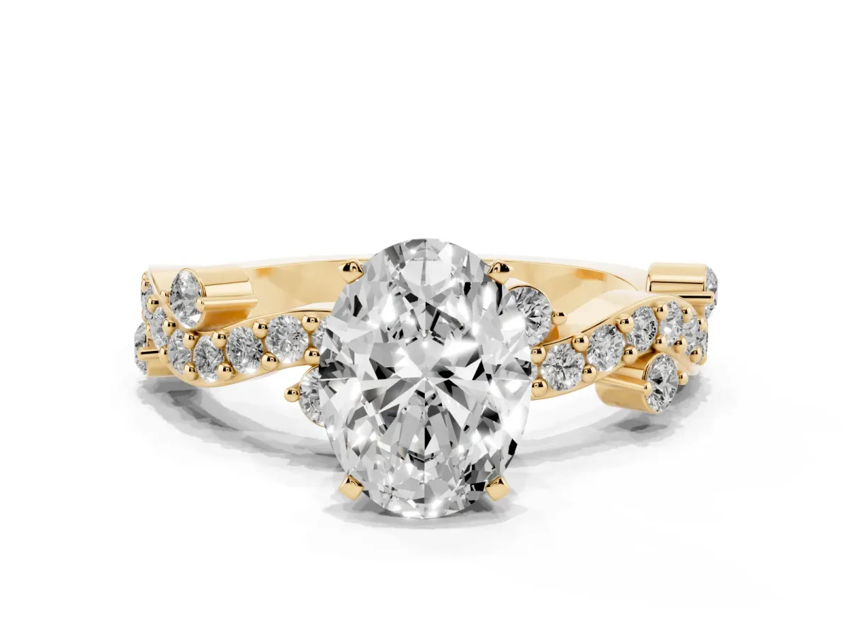 Oval Cut Cut Solitaire Diamond Twisted Band with Pave Setting Yellow gold