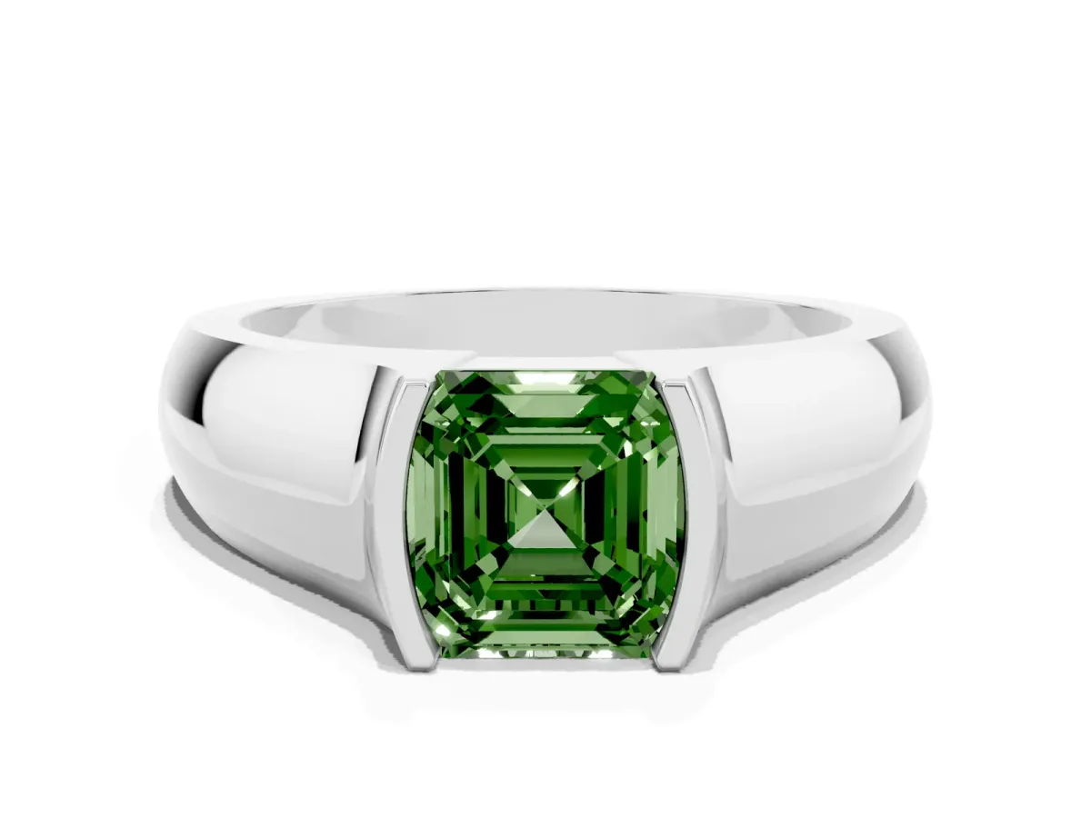 Fancy Green Asscher Cut Solitaire Bezel Set Diamond Ring with Wide Band Platinum