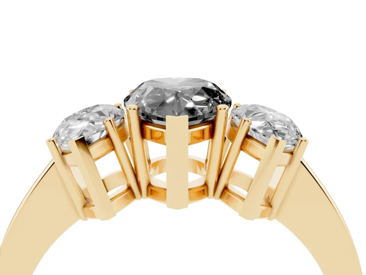 Fancy Black Three-Stone Pear Cut Cut Diamond Engagement Ring with Flat Band and Four-Prong Setting Yellow gold