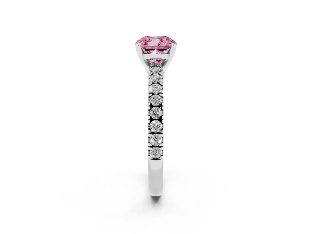 Fancy Pink Cushion Cut Solitaire Diamond with Pavé Band and Four-Prong Setting Platinum