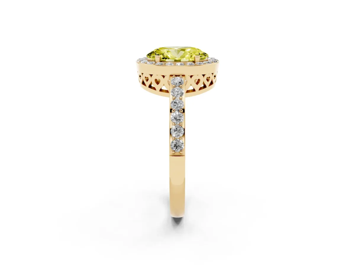 Fancy Yellow Oval Cut Halo Diamond Pavé Band Ring with Prong Setting Yellow gold