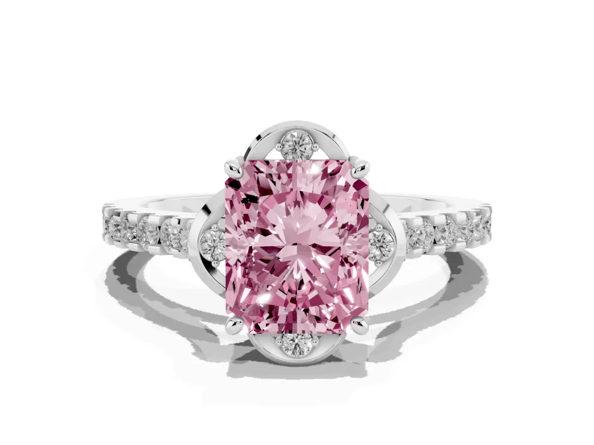 Fancy Pink Radiant Cut Diamond Ring with Pavé Band and Floral Prong Setting Platinum