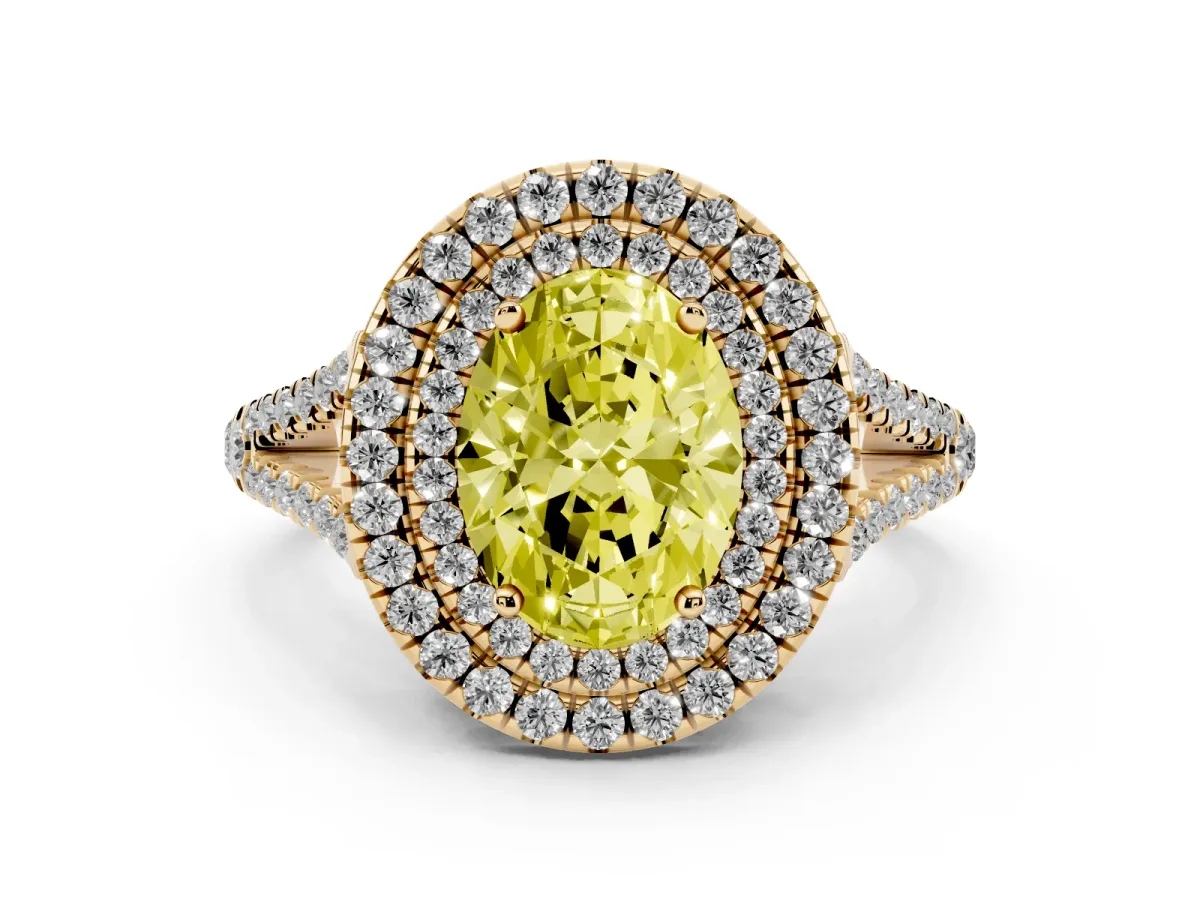 Fancy Yellow Oval Cut Diamond Double Halo Ring with Pavé Band and Prong Setting Yellow gold