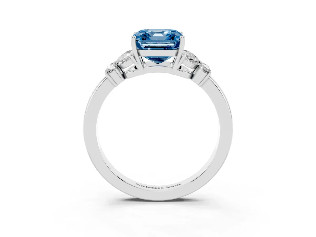 Fancy Blue Asscher Cut Cut Solitaire Floral Diamond Ring with Four-Prong Setting Silver
