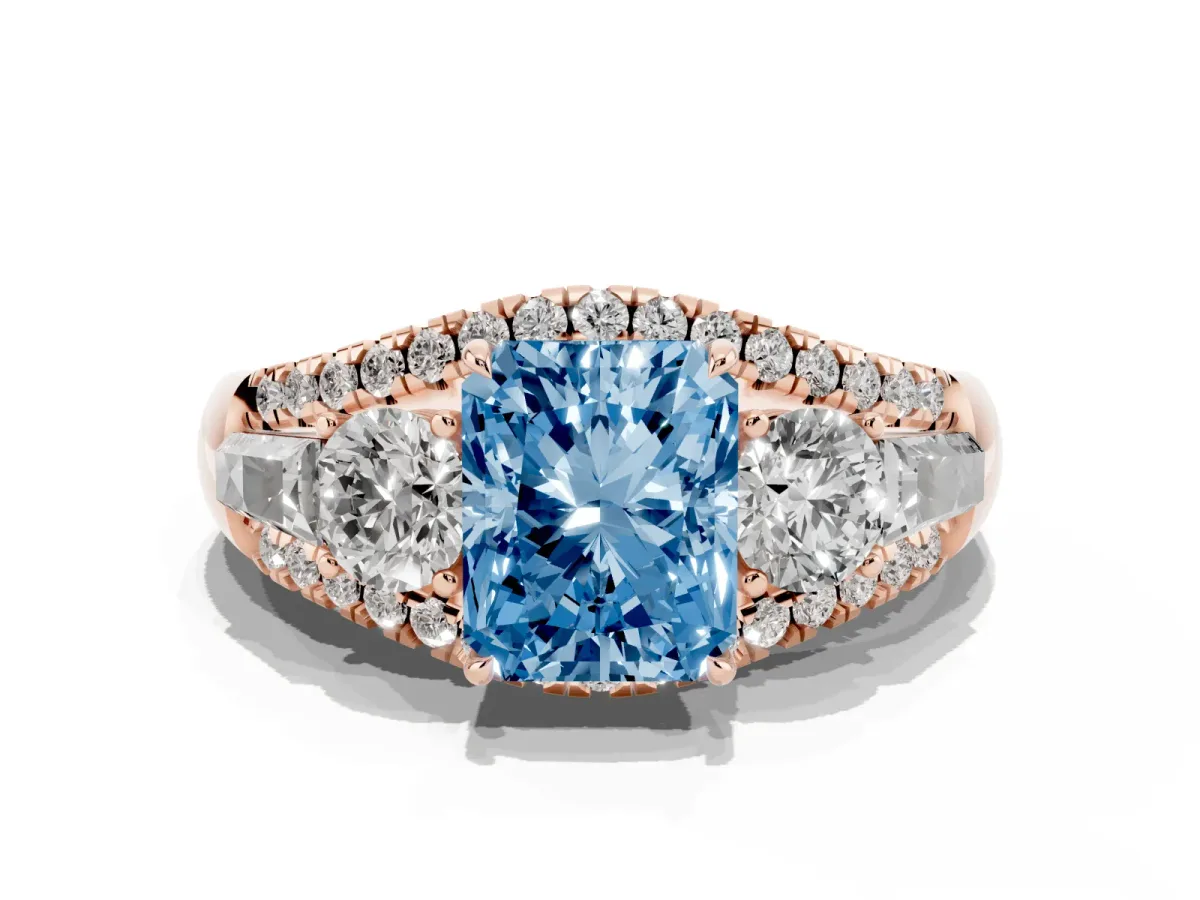 Fancy Blue Three-Stone Radiant Cut Diamond Engagement Ring with Pave Band and Prong Setting Rose gold
