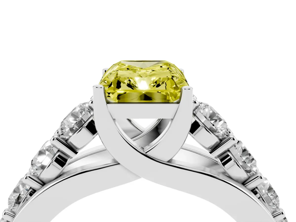 Fancy Yellow Radiant Cut Diamond Engagement Ring with Pavé Band and Four-Prong Setting Silver