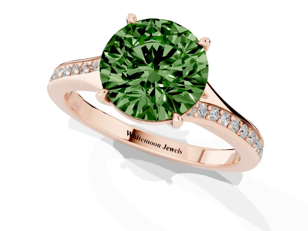 Fancy Green Round Cut Diamond Solitaire Ring with Pavé Band and Prong Setting Rose gold