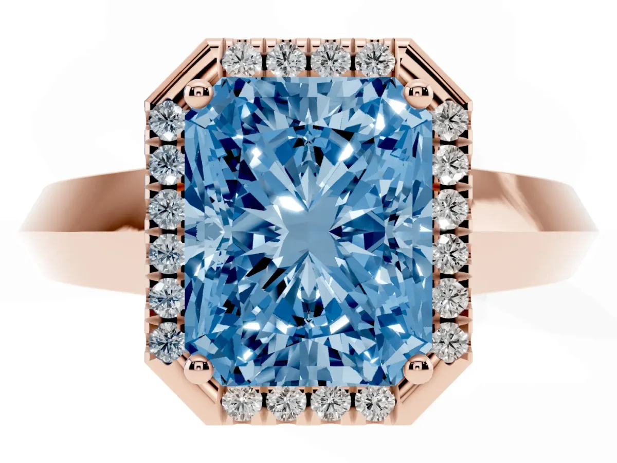Fancy Blue Radiant Cut Halo Diamond Ring with Cathedral Band and Four-Prong Setting Rose gold