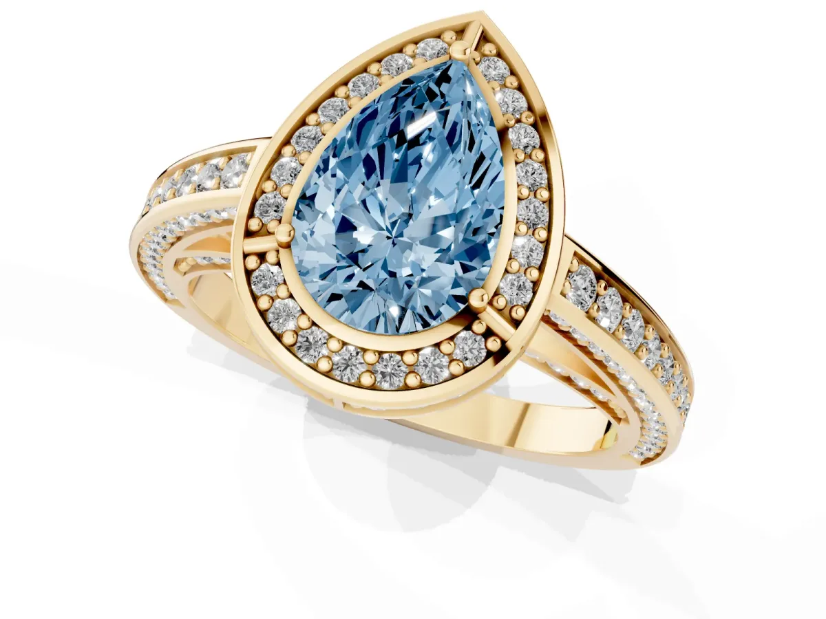 Fancy Blue Pear Cut Cut Halo Pave Split Shank Prong Setting Ring Yellow gold