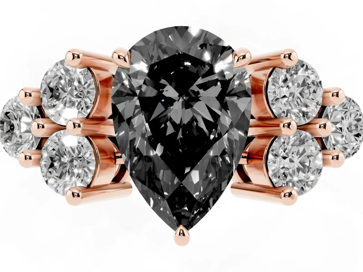 Fancy Black Pear Cut Brilliant Diamond Cluster Accent Solitaire Ring with Prong Setting Rose gold