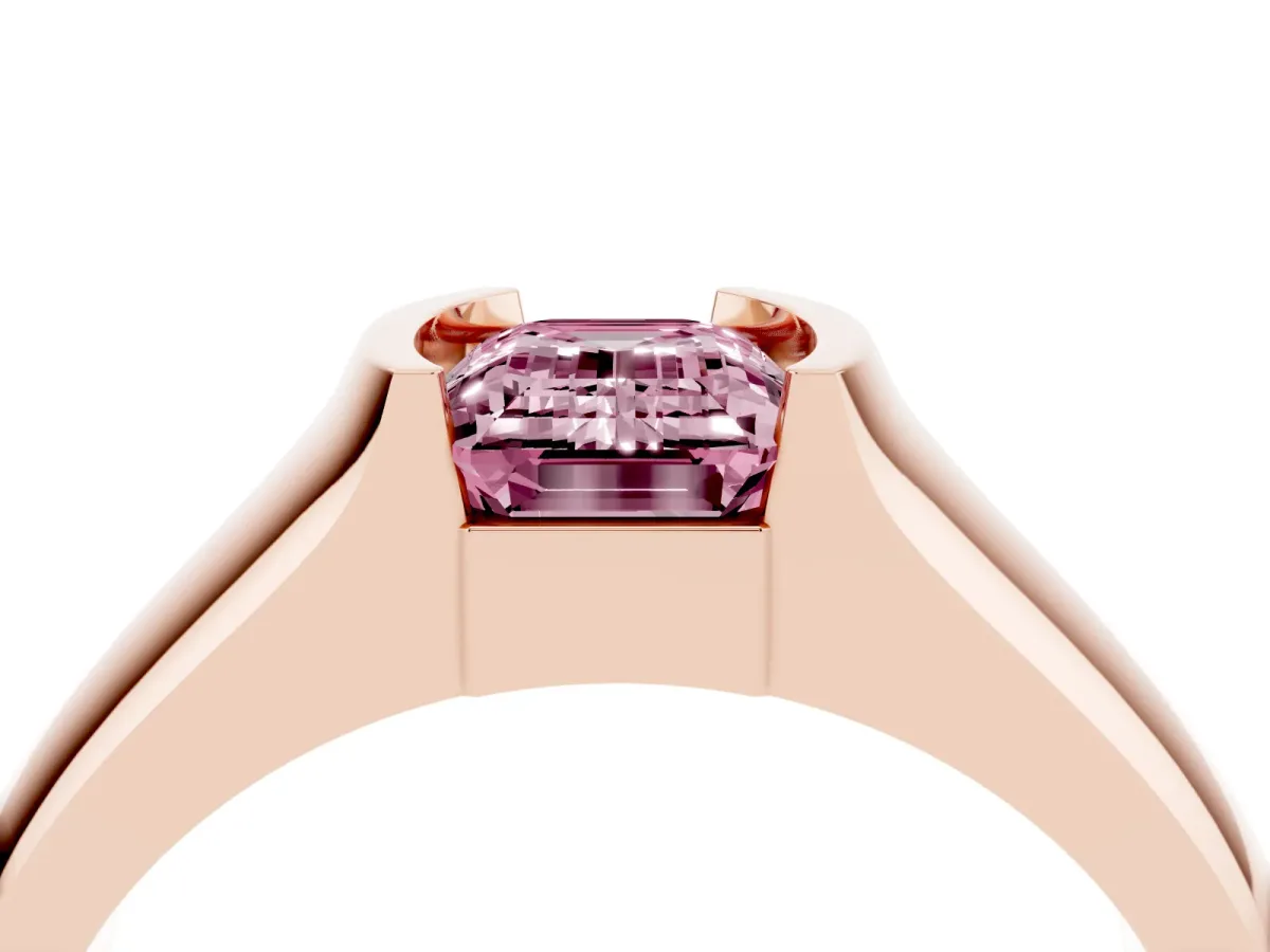 Fancy Pink Emerald Cut Solitaire Bezel Set Diamond Ring with Wide Band Rose gold