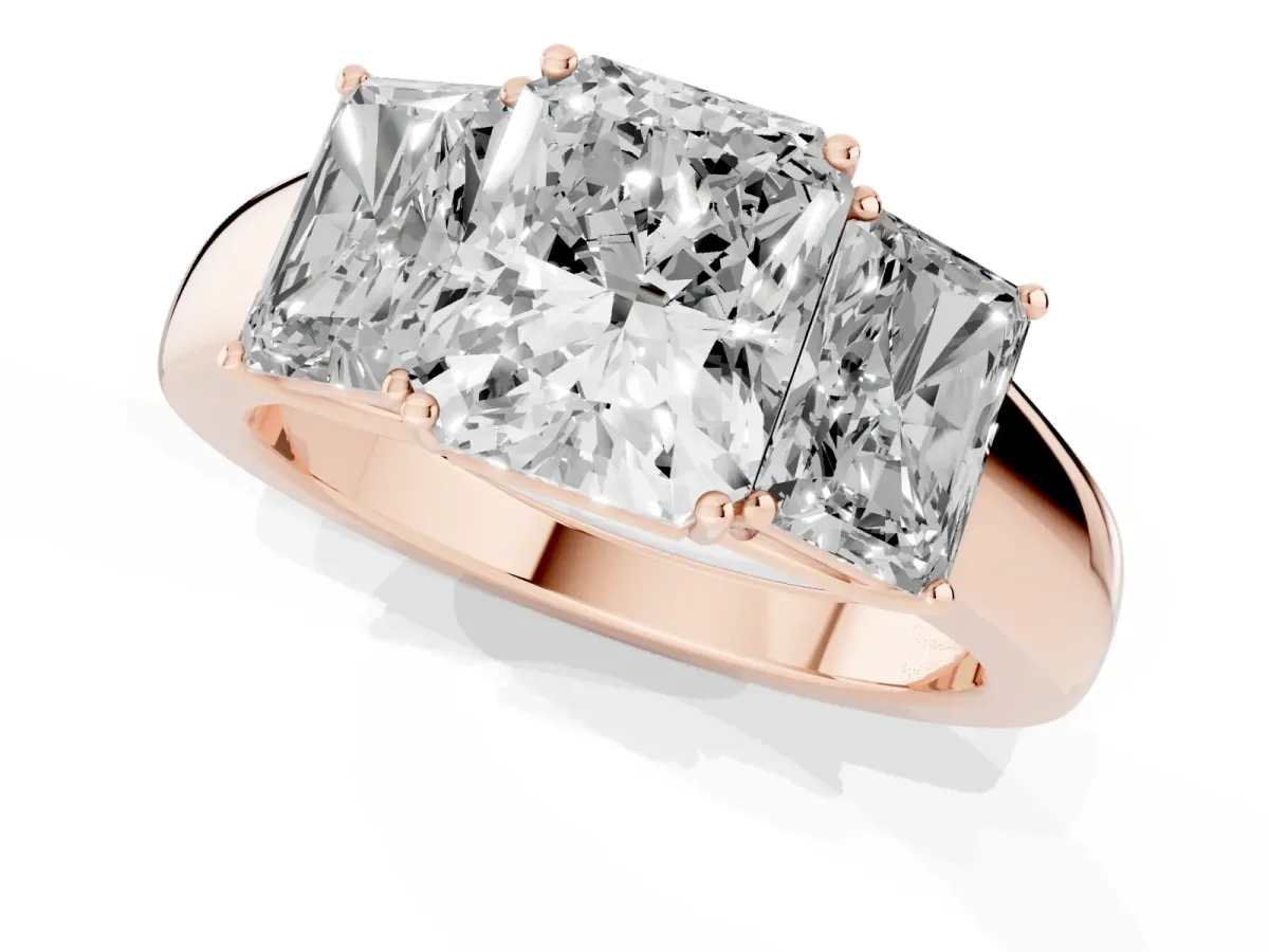Three-Stone Radiant Cut Cut Diamond Ring with Prong Setting and Classic Band Rose gold
