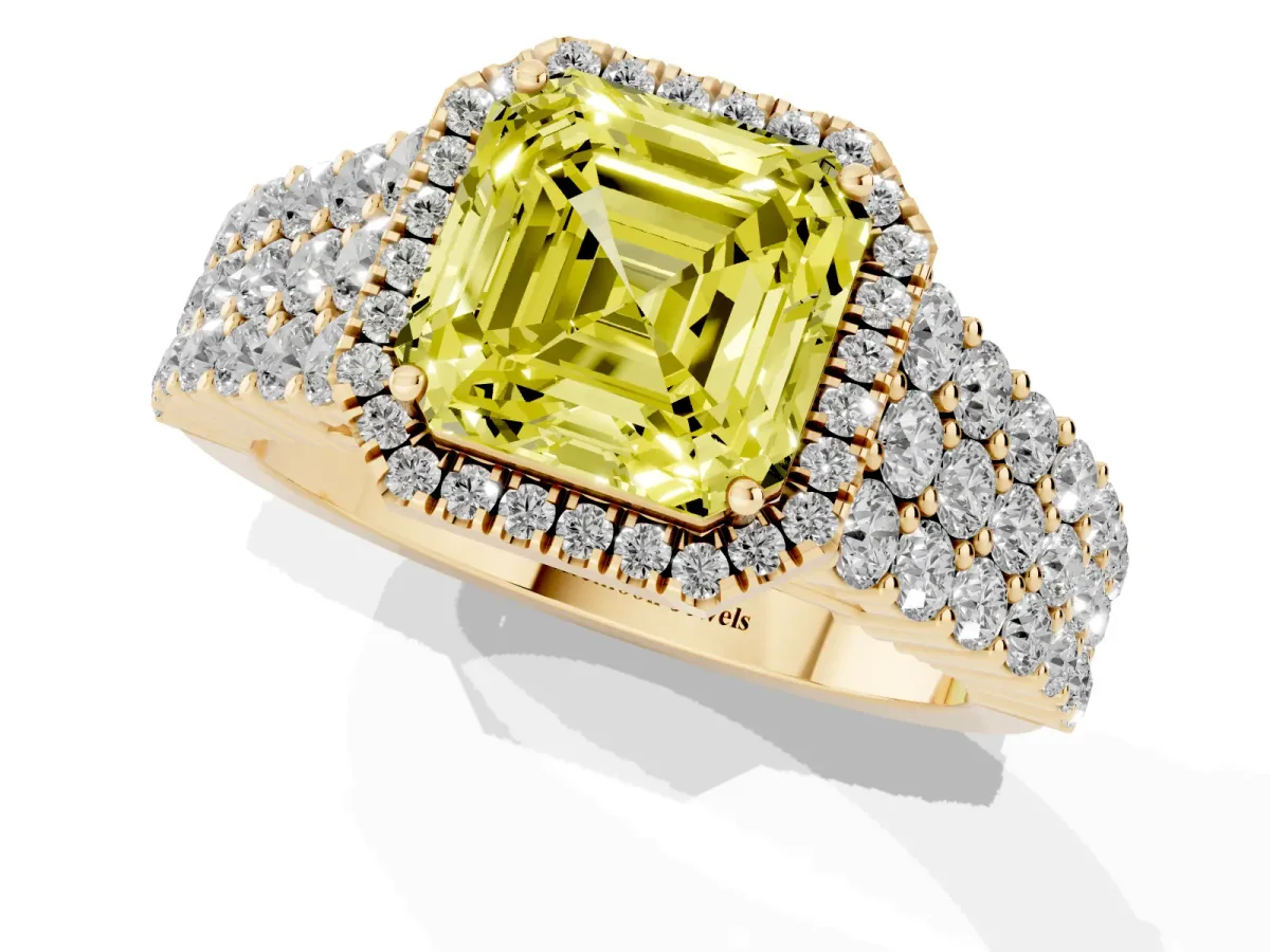 Fancy Yellow Asscher Cut Diamond Halo Engagement Ring with Triple Row Round Pavé Band and Prong Setting Yellow gold
