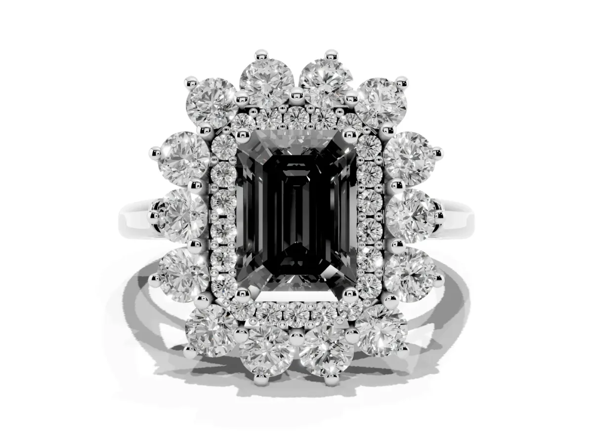 Fancy Black Emerald Cut Diamond Floral Double Halo Engagement Ring with Prong Setting Silver