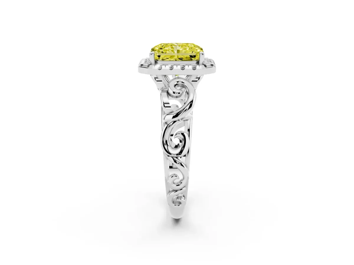 Fancy Yellow Radiant Cut Cut Halo Diamond Ring with Scrollwork Band and Four-Prong Setting Silver