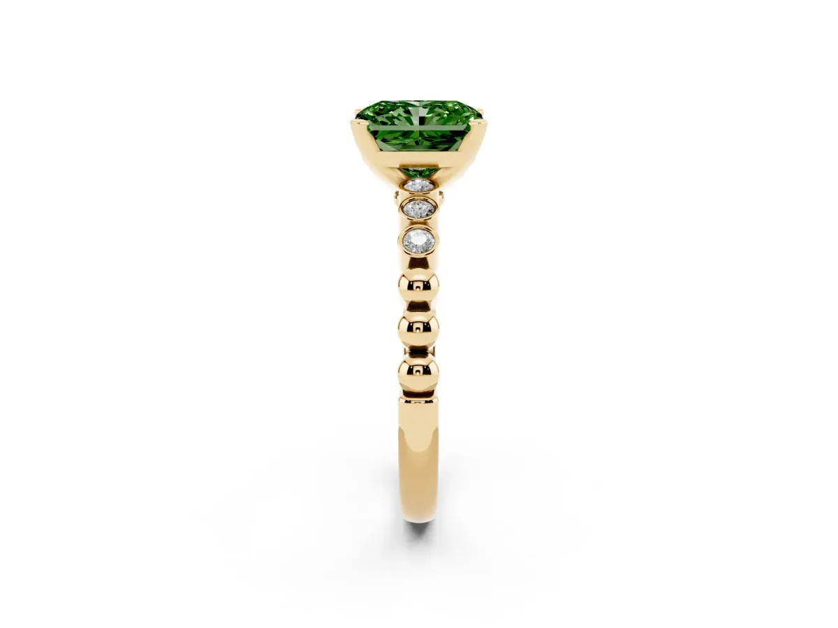 Fancy Green Radiant Cut Solitaire Bezel Accent Diamond Engagement Ring with Beaded Band and Four-Prong Setting Yellow gold